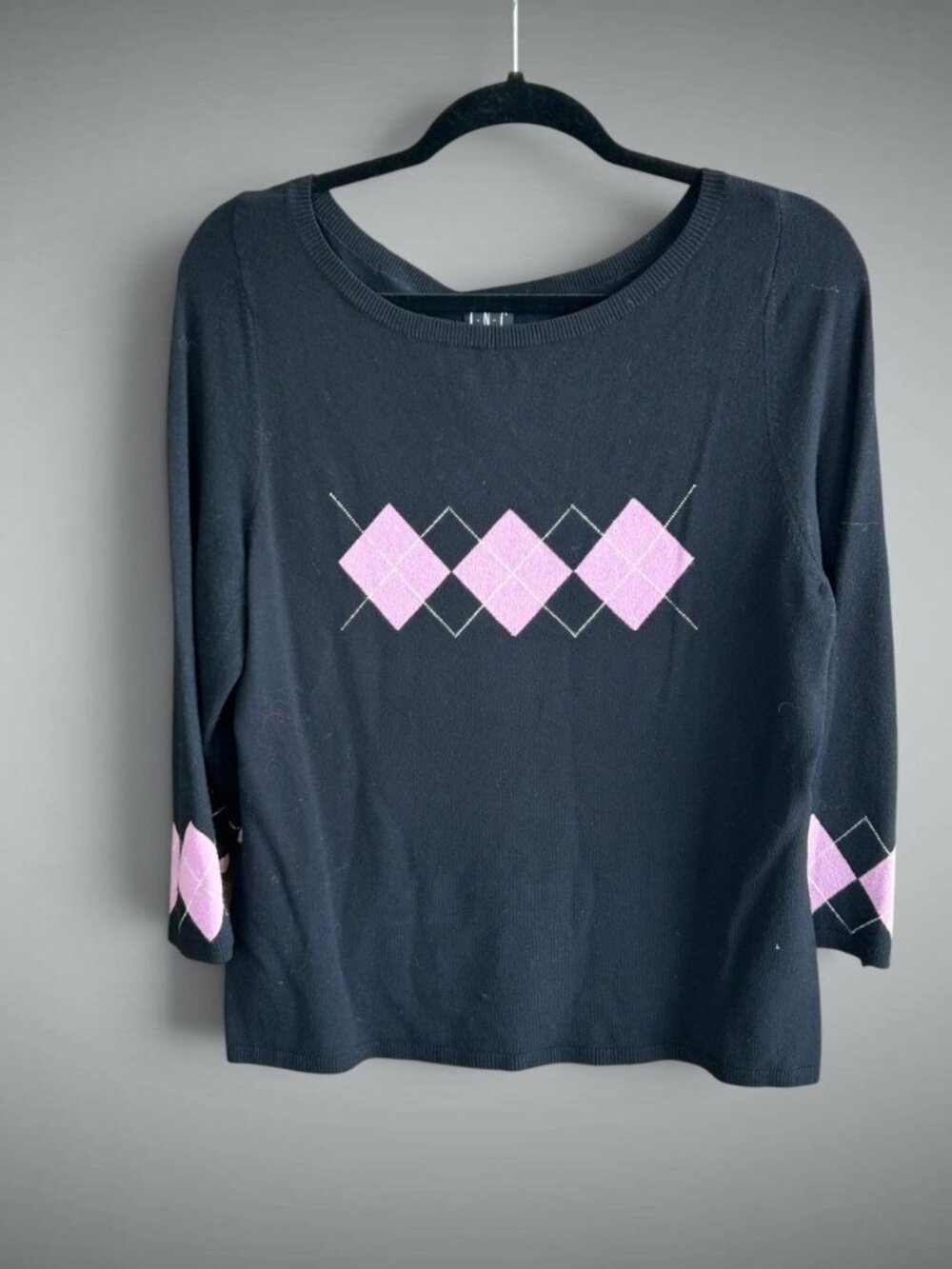 INC International Concepts Black Sweater Pink Diamond Pattern Size L